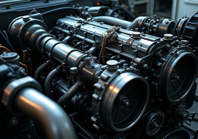 Large diesel truck engine bay, showcasing power and complexity