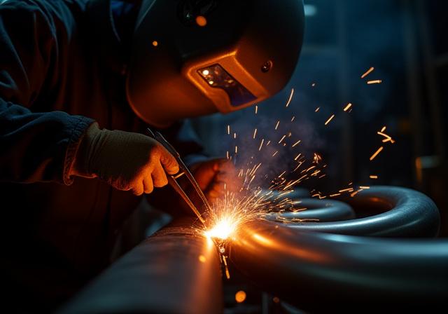 Mechanic welding a custom exhaust pipe, demonstrating fabrication skills