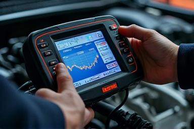 Engine diagnostics tool connected to a car, highlighting advanced repair capabilities