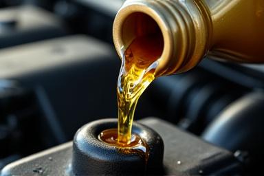 Pouring motor oil into an engine, illustrating routine maintenance