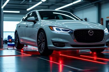 Tire alignment machine in operation, demonstrating precision service